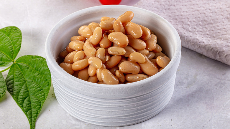 A small bowl of white beans surrounded by herbs.