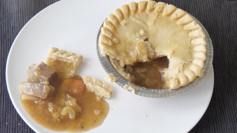Cooked Marie Callender's beef pot pie on plate
