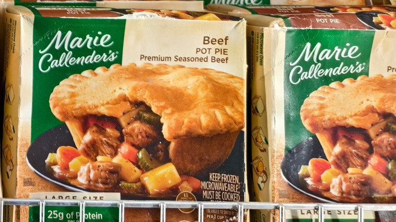 Marie Callender's beef pot pies on grocery store shelf
