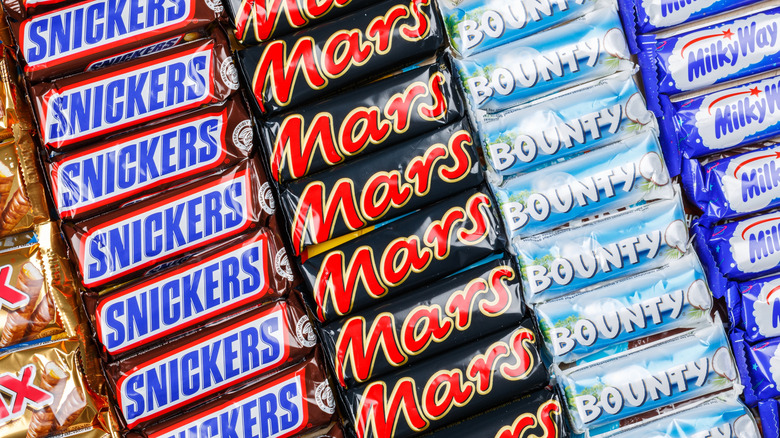 snickers, mars, bounty, and milky way candy bars