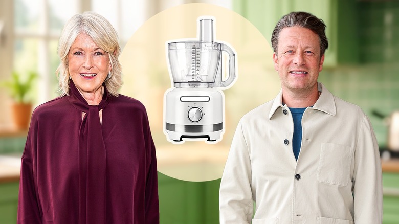 Martha Stewart and Jamie Oliver smiling with a food processor in between them