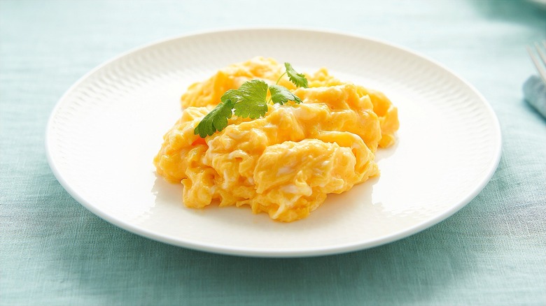 Soft scrambled eggs with a sprig of cilantro on a white plate