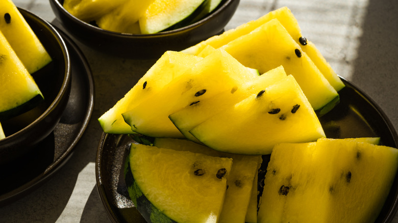 Slices of yellow watermelon on a plate