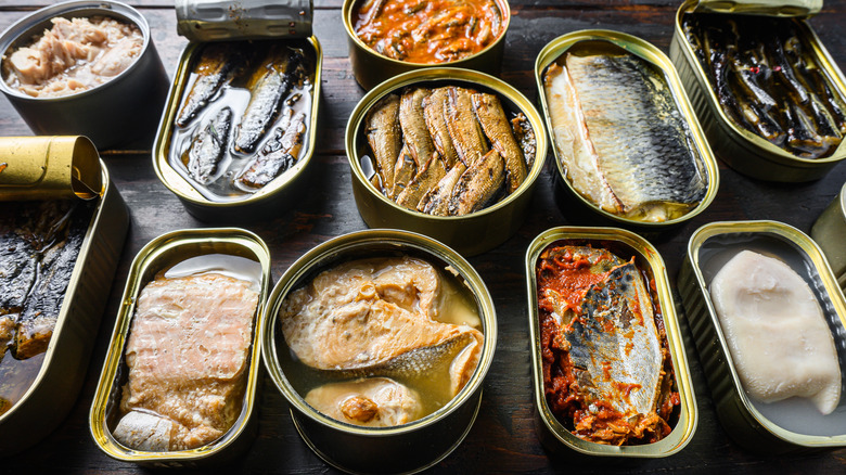 A variety of opened tins of canned fish