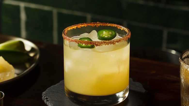 A jalapeño margarita with tajin rim