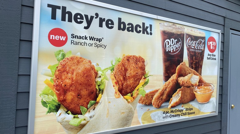 Sign promoting the return of McDonald's Snack Wraps