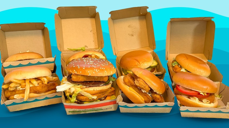 A group of Filet-O-Fish variations from McDonald's in their boxes with lids open