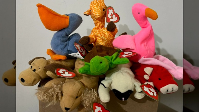 A collection of Teenie Beanie Baby plushes stacked