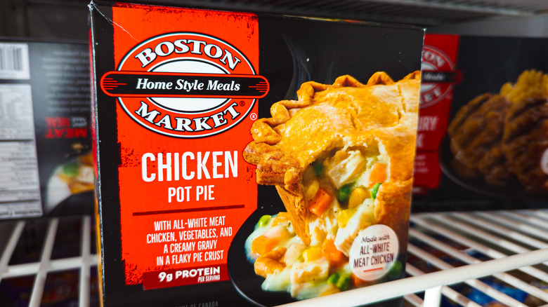 Boston Market chicken pot pie frozen dinner products meals on shelf at store.