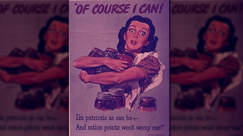 Drawn image of a wide-eyed woman holding multiple cans of food. Text reads "Of course I can! I'm patriotic as can be — and ration points won't worry me!"