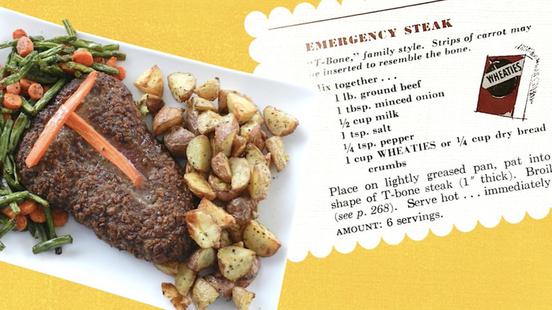 Steak-shaped meat with vegetables and carrot sticks stacked on top of it in a "T" shape next to a recipe from emergency steak.