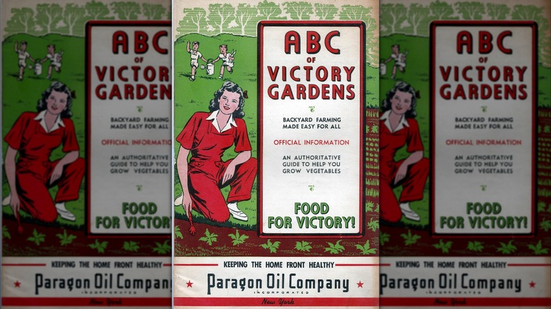 Drawn image of a woman kneeling at the edge of a garden with children playing in the background, next to text reading "ABC of Victory Gardens, Backyard Farming Made Easy for All."