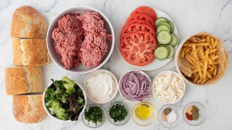 An overhead shot of gyro burger ingredients
