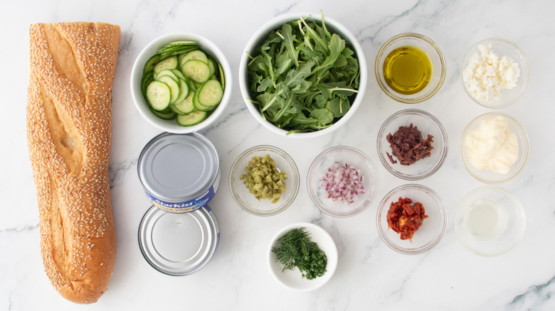 Overhead shot of Mediterranean tuna salad ingredients