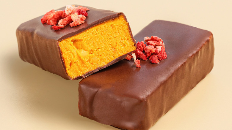 Close up of chocolate sponge candy bar with dried fruit garnish