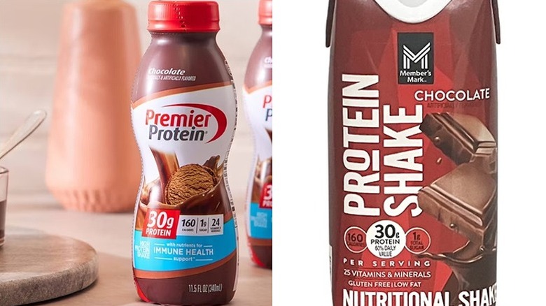 Premier Protein shake bottle on left and Member's Mark protein shake carton on right.