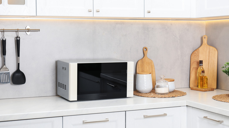 white microwave oven on a kitchen counter
