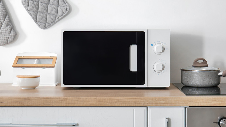 Modern microwave oven on kitchen counter 