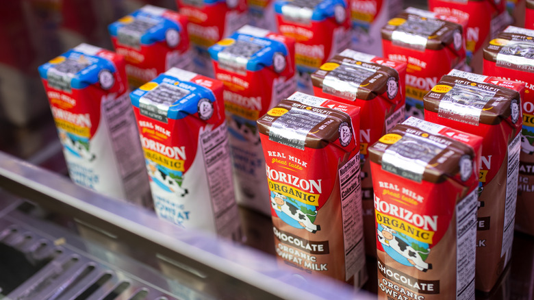 Horizon Organic Dairy low-fat and chocolate milk in a commercial refrigerator