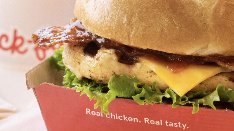 Chick-fil-A's BBQ Bacon Sandwich in a red to-go box