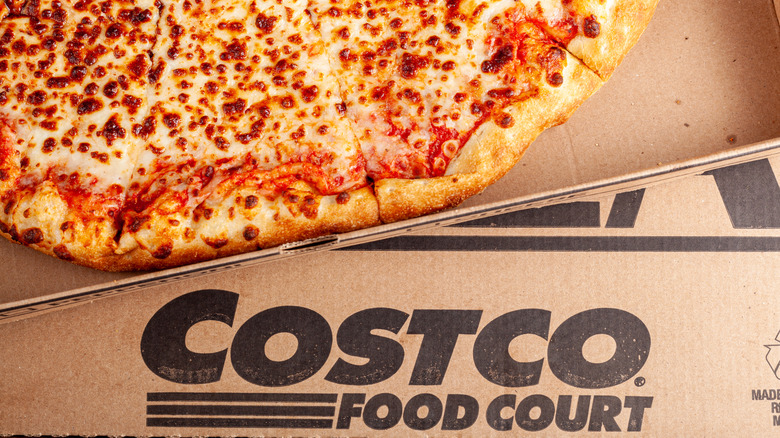 Costco cheese pizza in a food court pizza box