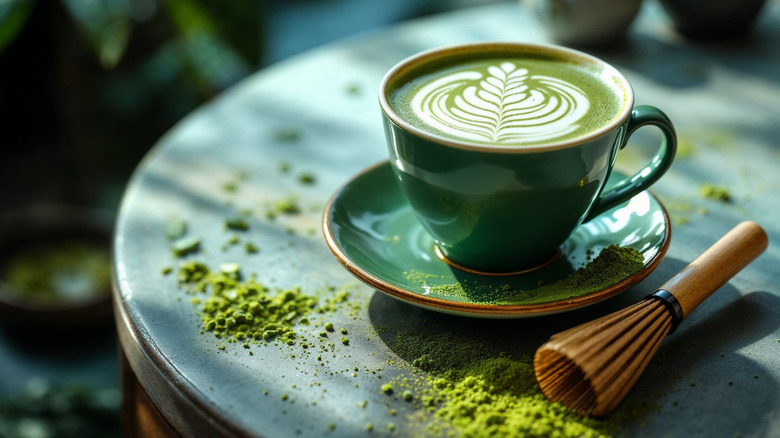 A matcha latte on a table