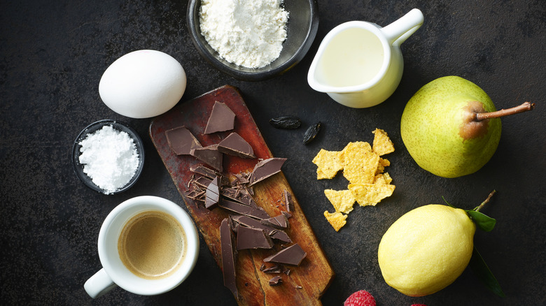 overhead espresso, chocolate, lemon, cream, and other ingredients