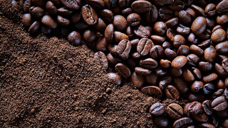 close up ground coffee and coffee beans