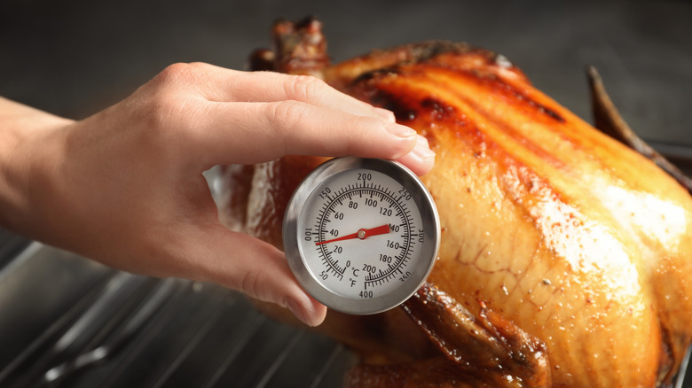 Person using a meat thermometer on whole chicken