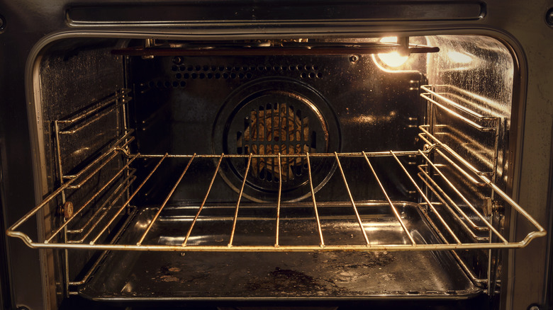 Oven interior with light on