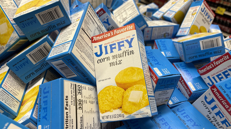 Boxes of Jiffy corn muffin mix.