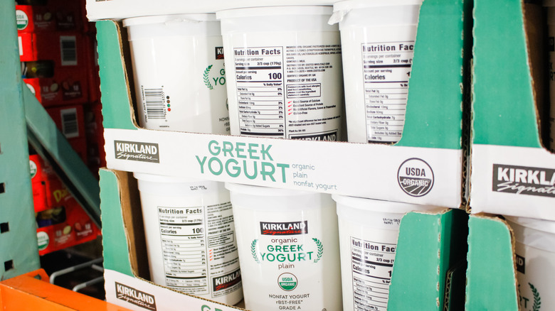 Kirkland Greek Yogurt on the shelves at a Costco store