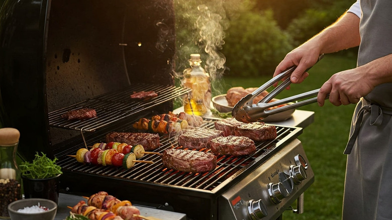 Person grilling steaks and kebabs on a gas grill