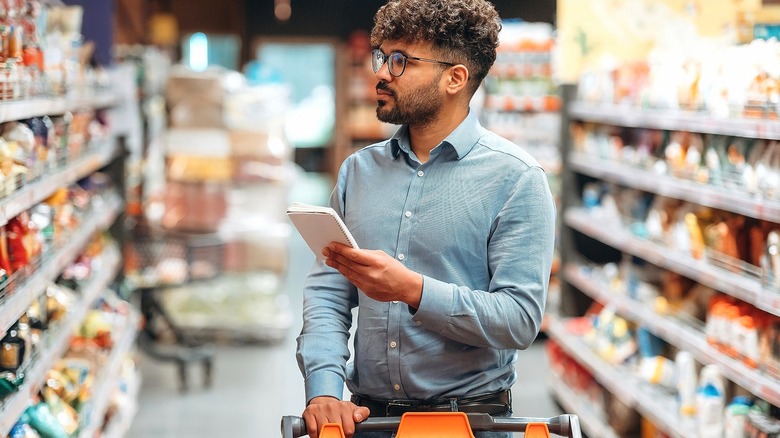 Man with glasses holding a grocery list and shopping cart in a supermarket