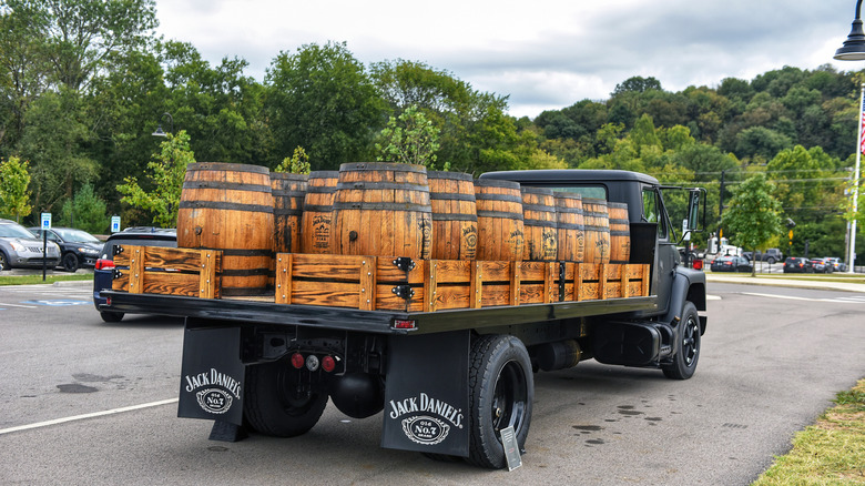 Barrels of Jack Daniel's whiskey on a Jack Daniel's truck.