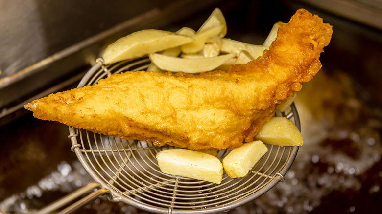 Fish and chips being fried