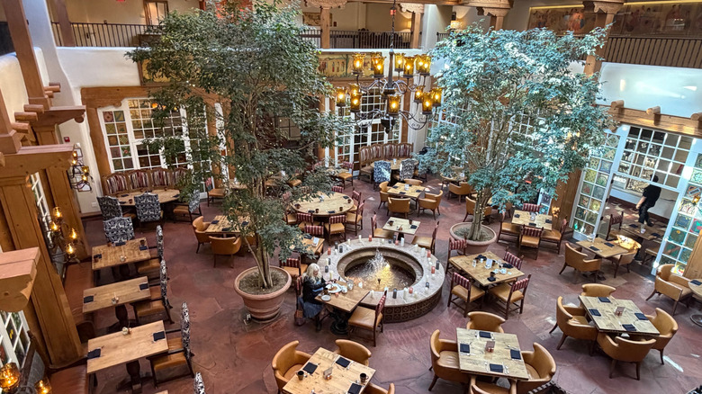 Large, airy dining room with towering potted trees, multiple paned windows, square tables, and a circular fountain