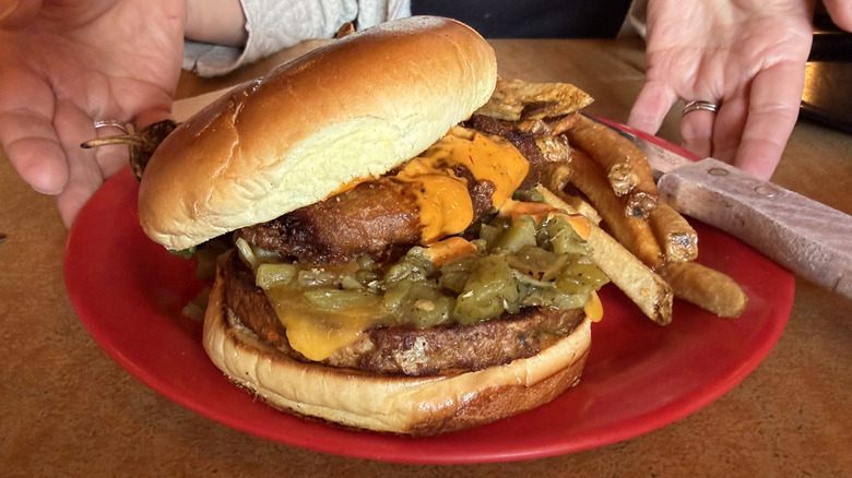 Two hands hold a red plate with a green chile cheeseburger on a brioche bun and french fries on the side
