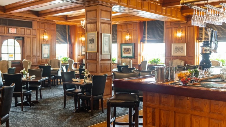 The inside of the Hawthorne Hotel Tavern, showing the corner of the bar and some tables