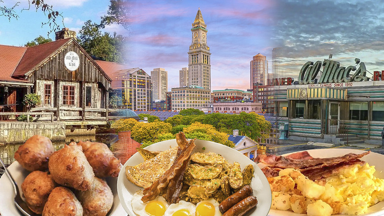A collage showing three different places in Massachusetts with corresponding food