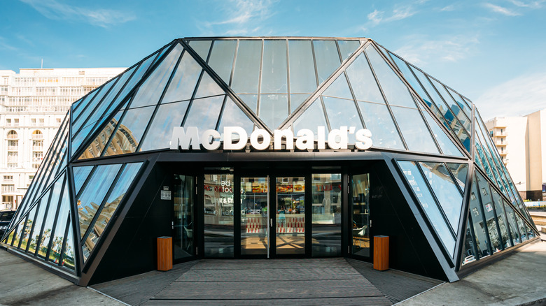 entrance to a futuristic glass McDonald's in Batumi, Georgia