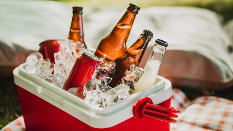 red cooler holding ice, cans, and bottles