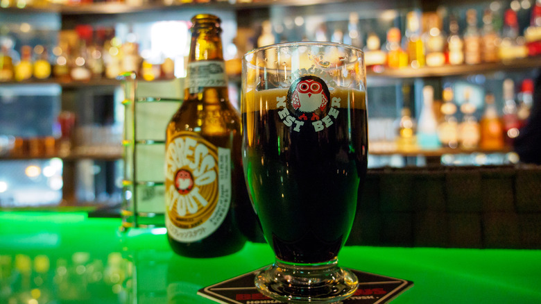 A Hitachino Nest Beer rests on a bar