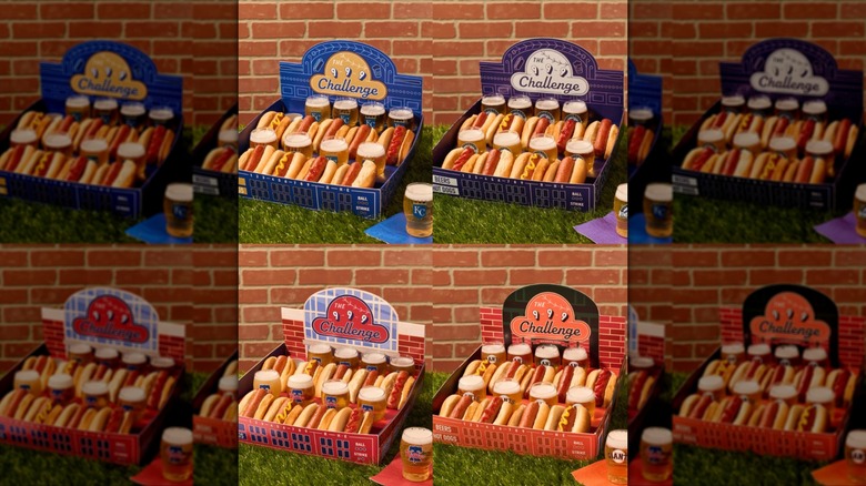 Selection of 9-9-9 hot dogs in showcases