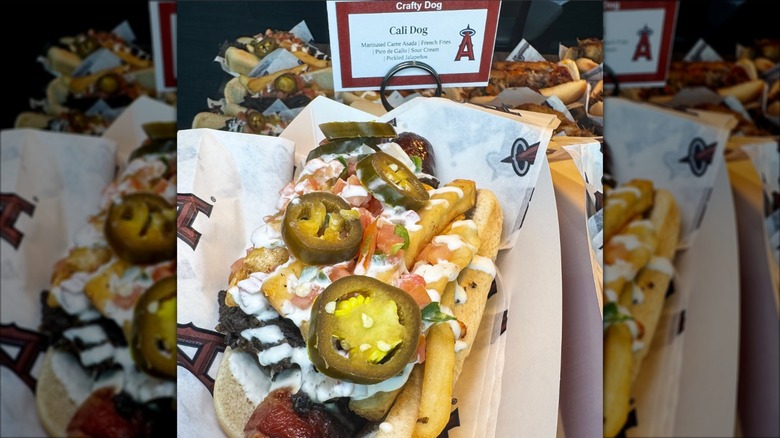 Cali dog with various toppings at the Los Angeles Angels stadium.