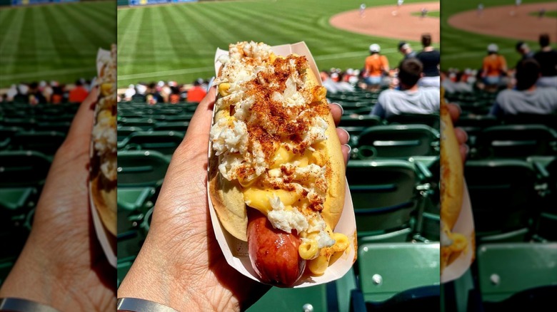 Crab mac hot dog at the Baltimore Orioles stadium on a sunny day.