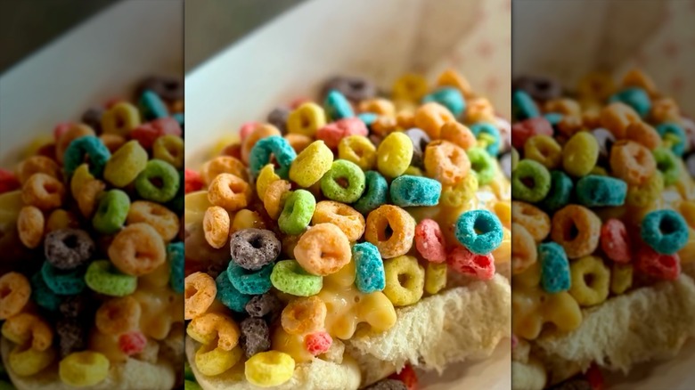 Cleveland Guardians hot dog covered in mac and cheese and fruitloops at stadium.