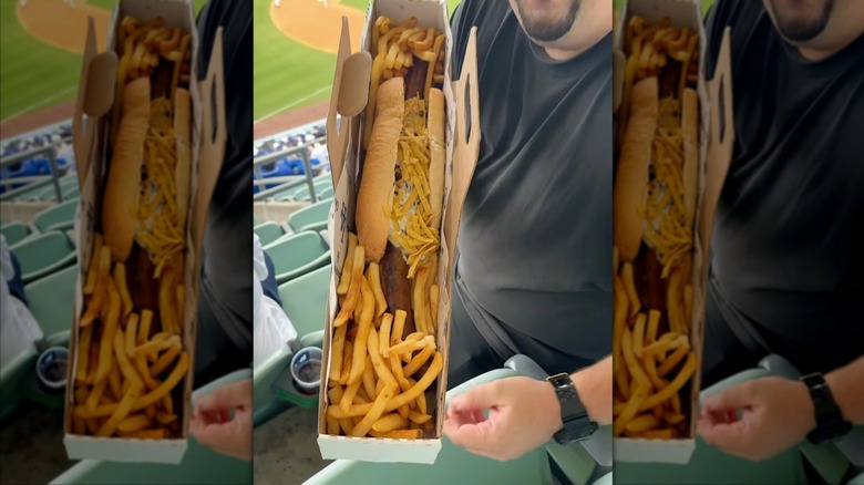 Slugger dog in the Los Angeles Dodgers stadium in paper packaging.
