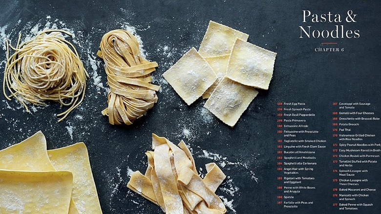 A pasta cookbook page showing different types of pasta and noodles