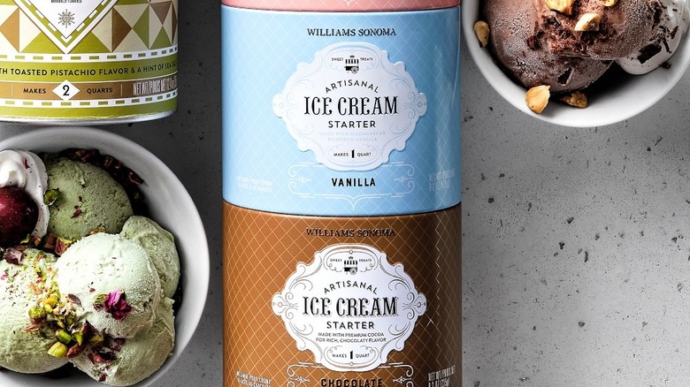 containers of ice cream starter next to bowl of ice cream